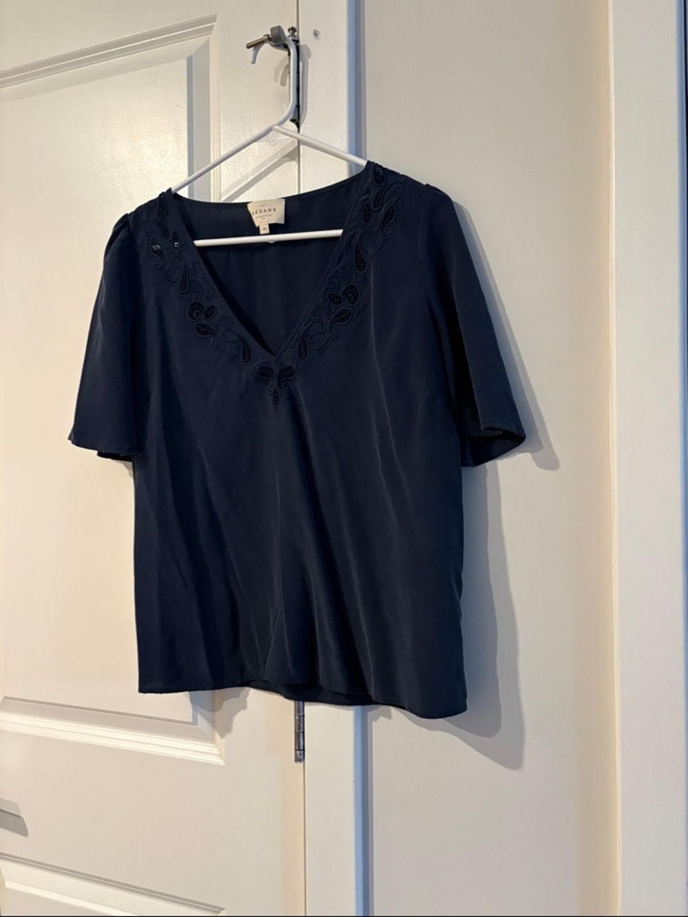 Sézane Navy V-Neck Embroidered Short Sleeve silk blouse